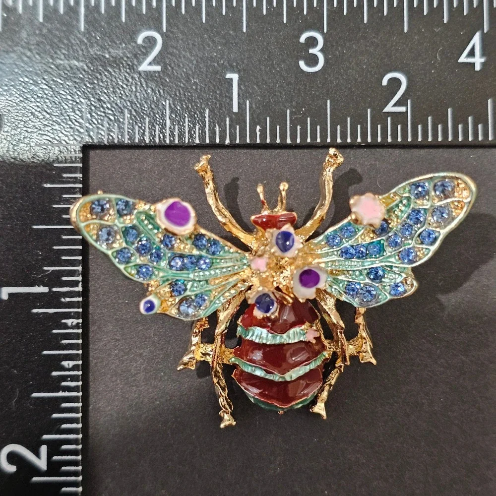 Enamel Bee Brooch Set Women Multicolor Rhinestone Insect Whimsical - Picture 3 of 10